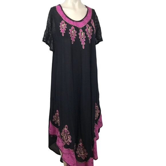 SAKKAS - WOMEN'S ONE SIZE -BLACK PINK BOHO FESTIVAL ASYMMETRIC EMBROIDERED DRESS - Picture 1 of 7